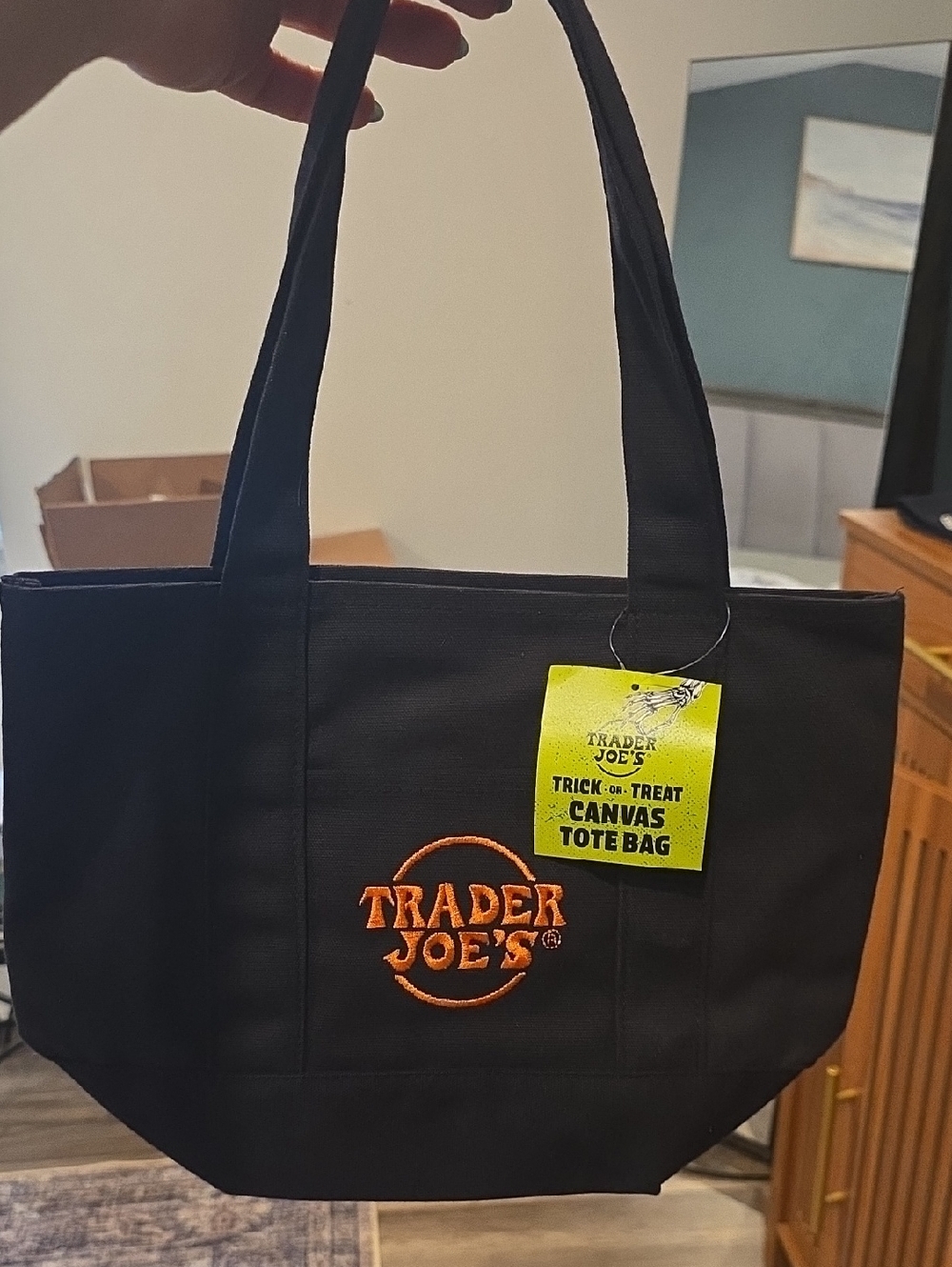 Trader Joe's Black Canvas Tote Bag with Orange Logo